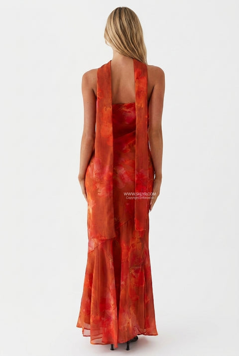 Burnt Orange Satin Maxi Dress