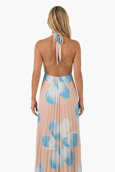 Navy Pleated Floral Halter Maxi Dress