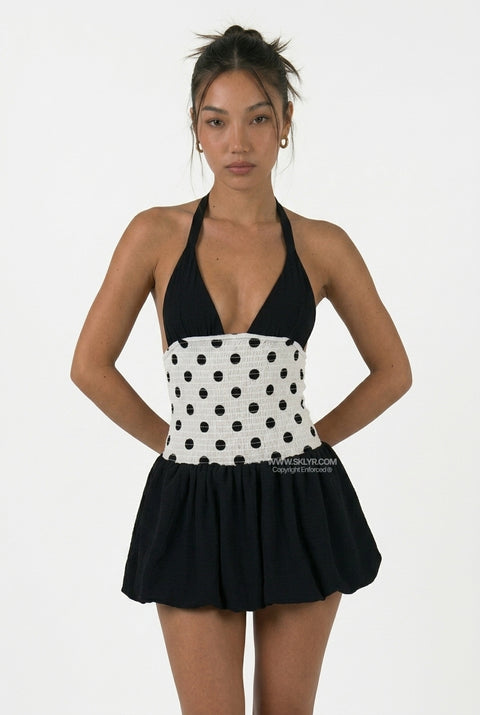 Contrast Black & White Polka Dot Halter Mini Dress