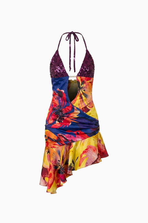 Tropical Floral Sequin Halter Mini Dress