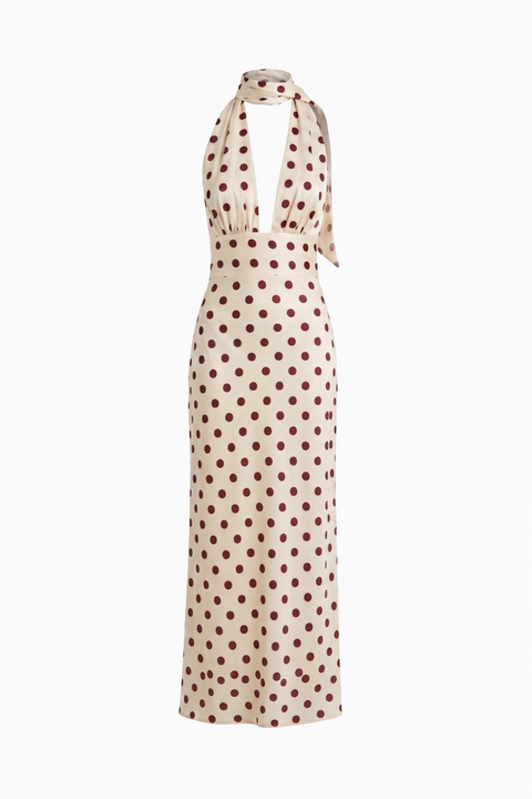 White Polka Dot Halter Midi Dress