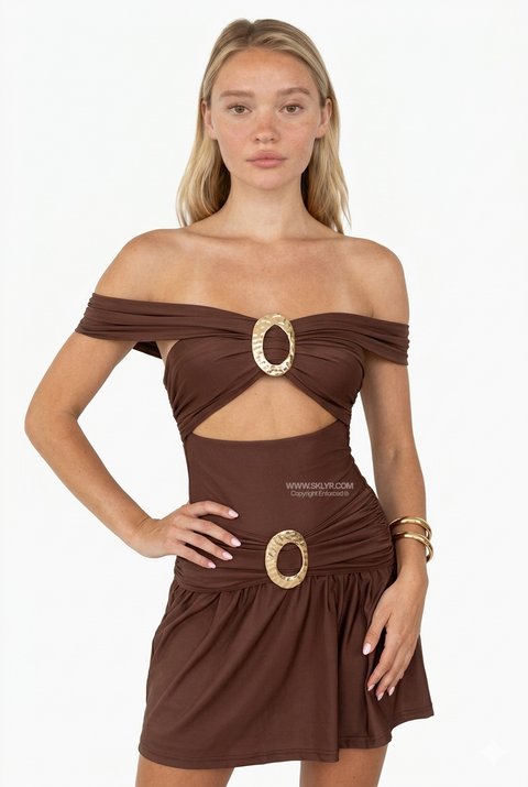 Chocolate Gold-Ring Ruched Dress