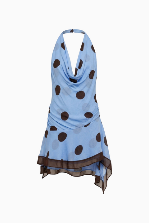 Light Blue Polka Dot Cowl Neck Halter Dress
