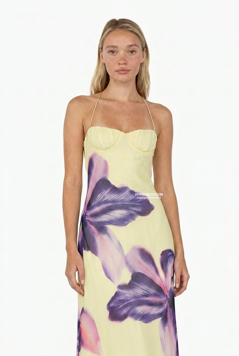 Yellow Purple Floral Bustier Maxi Dress