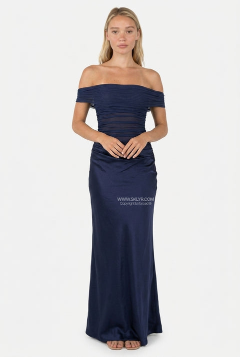 Navy Ruched Slip Maxi Dress