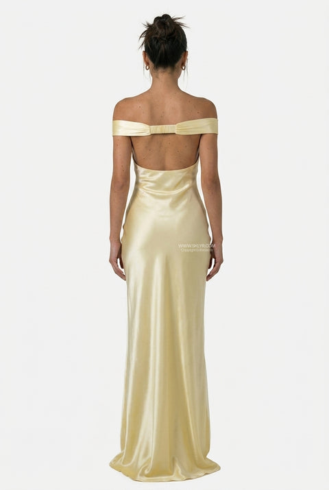 Pale Yellow Off-The-Shoulder Satin Maxi Dress