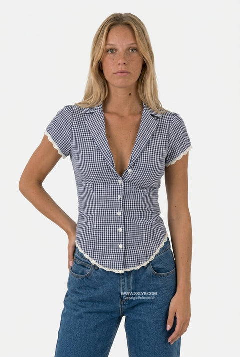 Blue Gingham Short Sleeve Button Top