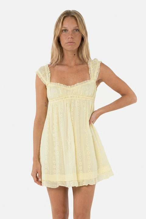 Pale Yellow Eyelet Ruffle Strap Babydoll Mini Dress