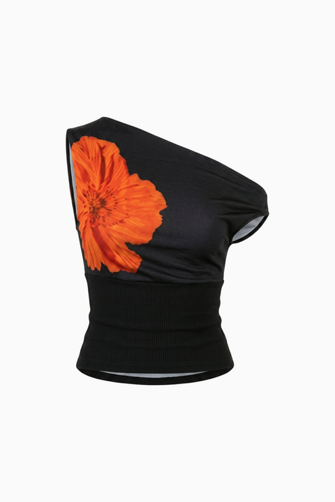 Black One-Shoulder Floral Fitted Top