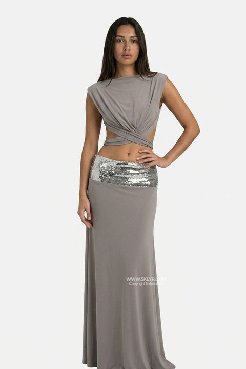 Taupe Top & Midi Skirt Set