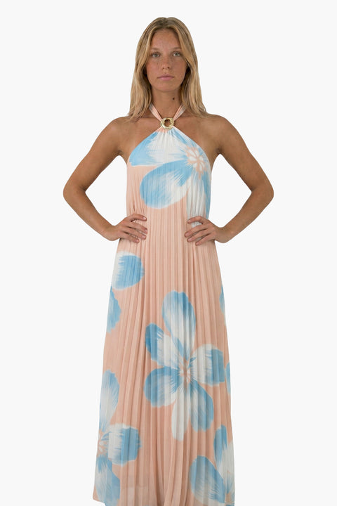 Navy Pleated Floral Halter Maxi Dress