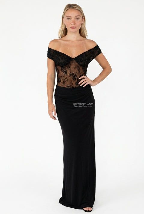 Black Off-Shoulder Lace-Panel Maxi Dress