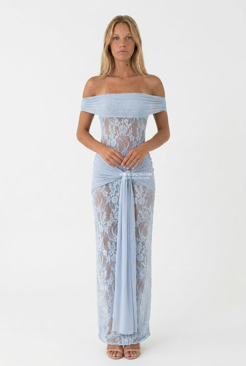 Blue Lace Off-Shoulder Maxi Dress