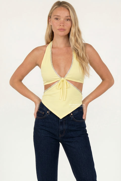 Yellow Ribbed Cut-Out Halter Top