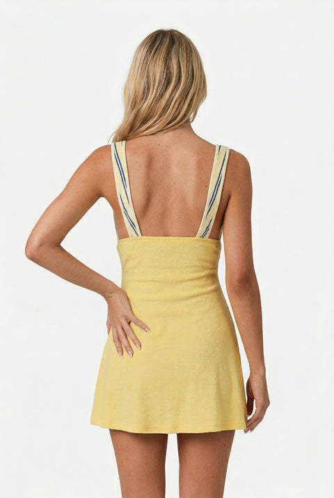 Striped & Yellow Patchwork Deep V-Neck Mini Dress