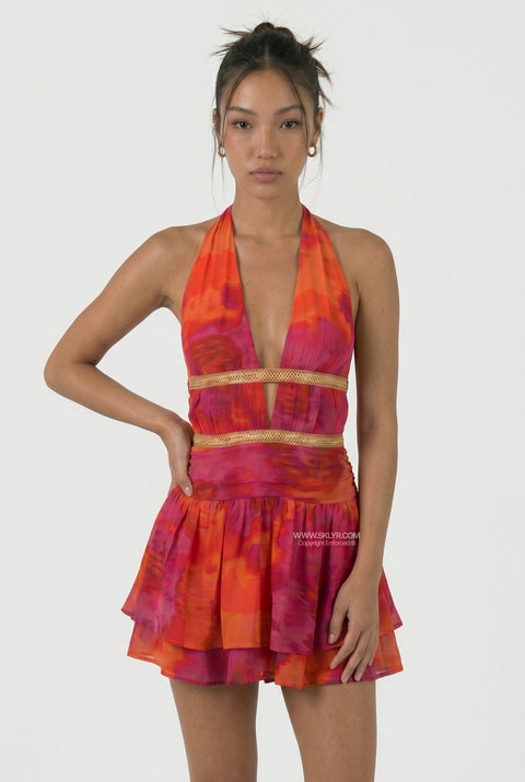 Vibrant Sunset Print Halter Cutout Mini Dress