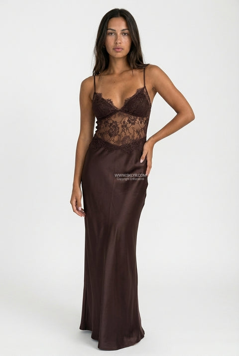 Brown Lace Bodice Satin Maxi Dress