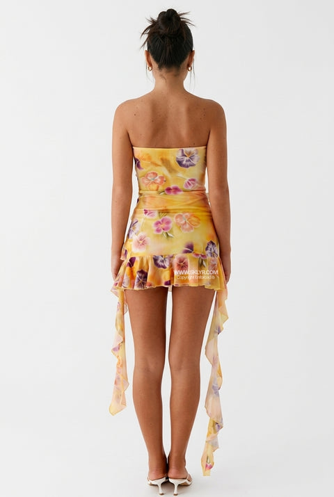 Yellow Floral Strapless Ruffled Mini Dress