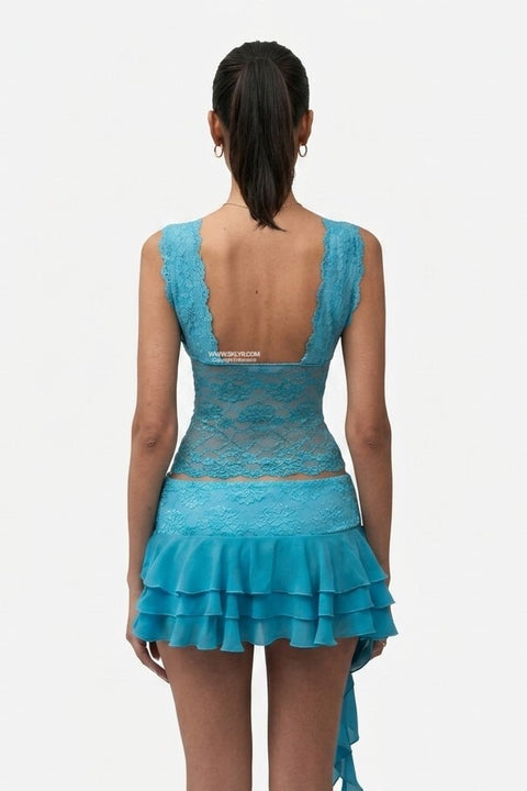 Turquoise Lace Ruffle Two-Piece Set