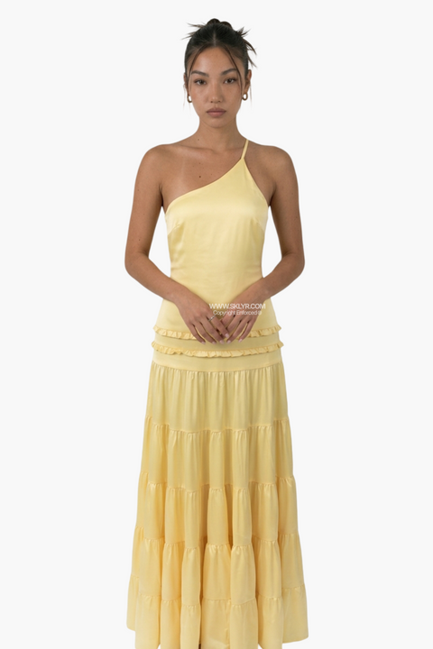 Lemon Yellow Satin One-Shoulder Maxi Dress