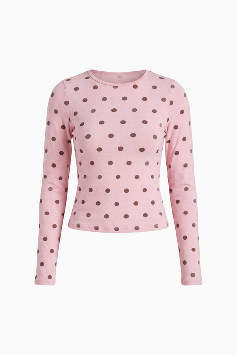 Polka Dot Print Crewneck Long Sleeve Top
