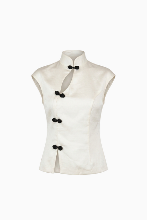 White Sleeveless Mandarin Collar Cutout Top