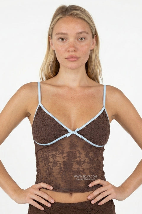 Brown Floral Satin Spaghetti Top
