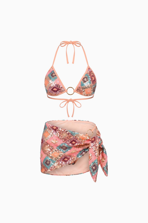 Peach Geometric Sequin 3-Piece Bikini