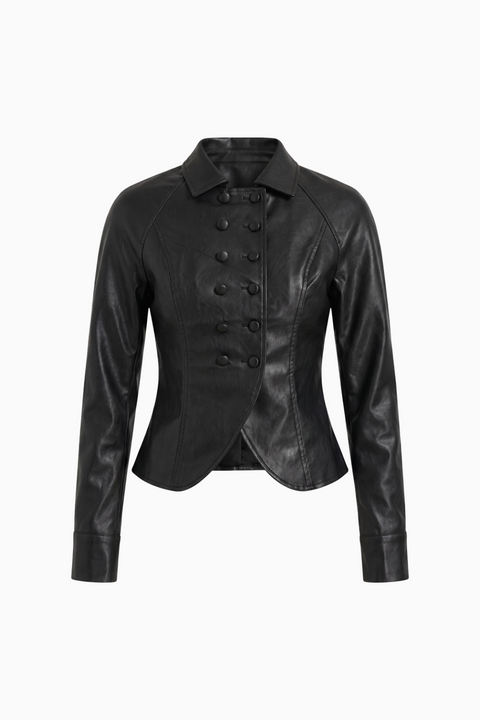 Black Faux Leather Double-Breasted Fitted Moto Jacket