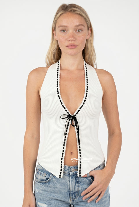 Contrast Trim Open Front Halter Top