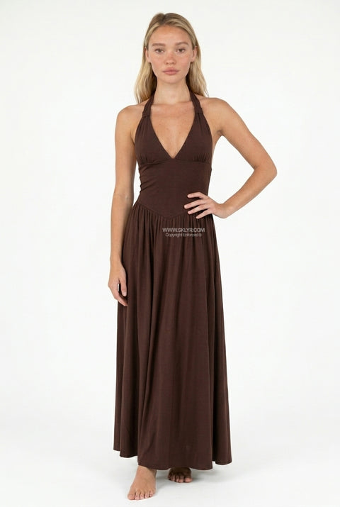 Brown Halterneck Scuba Maxi Dress