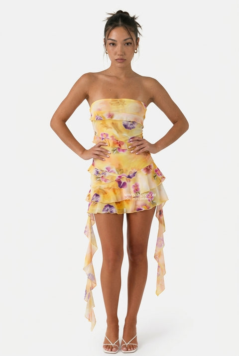 Yellow Floral Strapless Ruffled Mini Dress