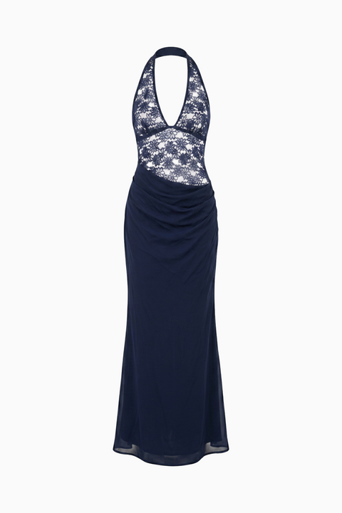 Navy Lace Bodice Halter Maxi Dress