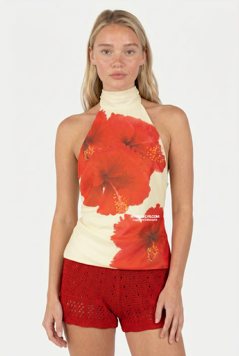 Red Hibiscus Floral Halter Neck Top