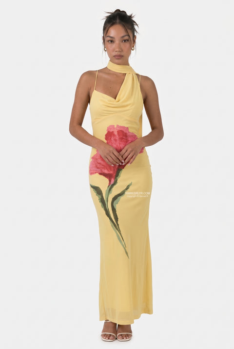 Yellow Botanical Halter Maxi