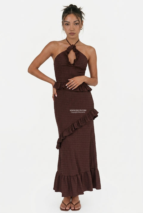 Chocolate Halterneck Flowing Maxi Dress