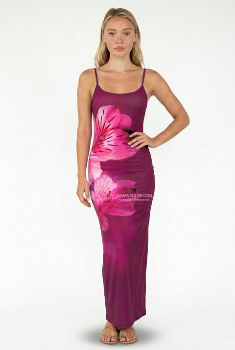 Magenta Lily Print Fitted Maxi Dress