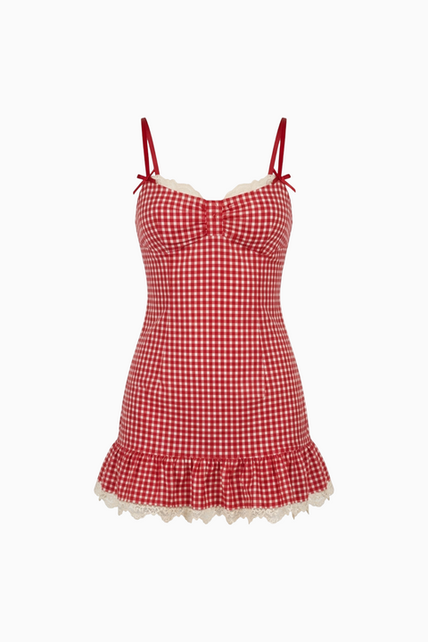 Red Gingham Lace-Trim Mini