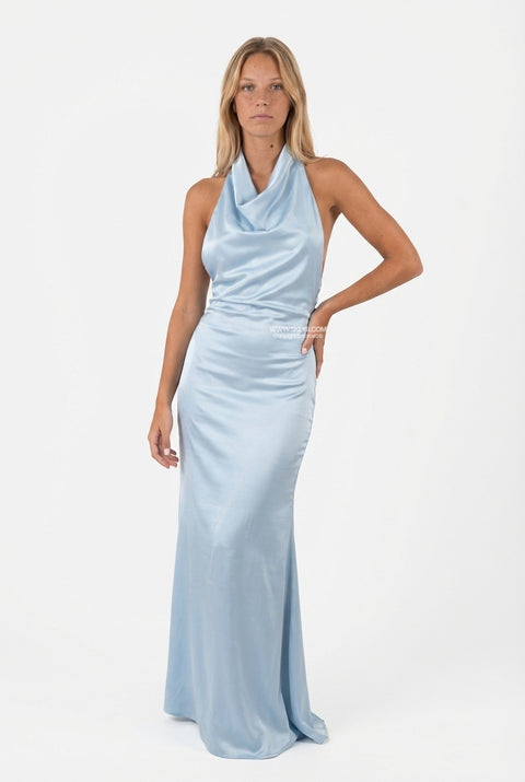 Light Blue Satin Halter Maxi Dress