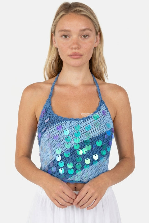 Blue Sequin Crochet Halter Top