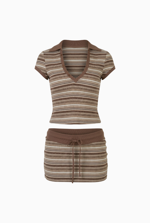 Brown Ribbed Crop & Skirt Set
