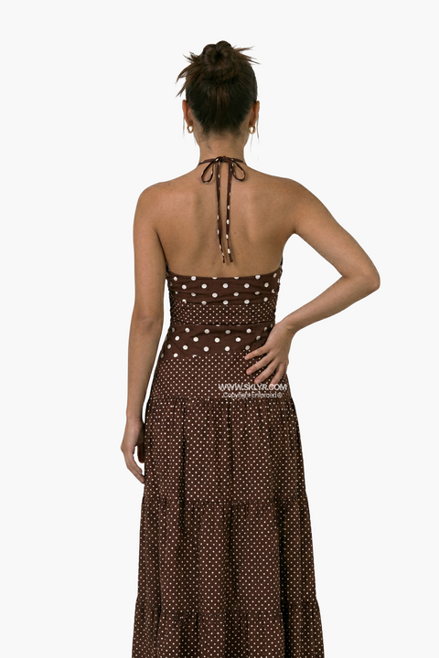 Brown Polka Dot Fitted Maxi Dress