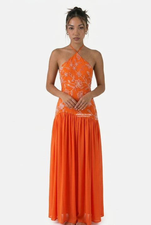 Orange Chiffon Flowing Maxi Dress