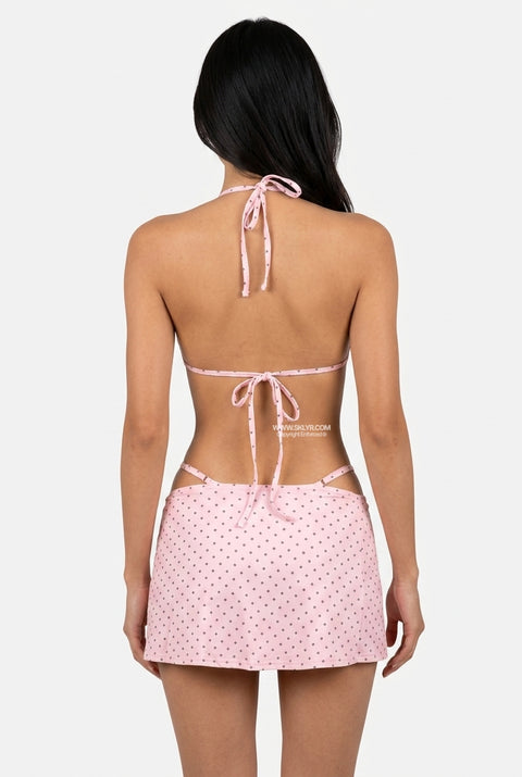 Light Pink Polka Dot 3-Piece Bikini Set with Skirt