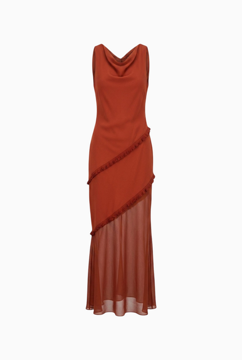 Rust Cowl Neck Asymmetric Maxi Dress