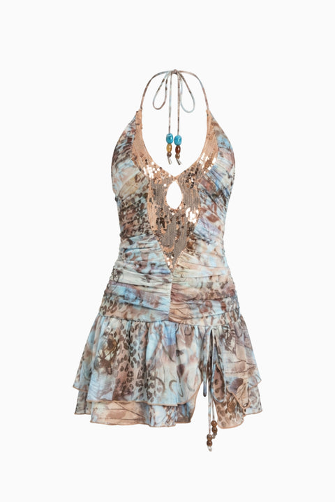 Multicolor Tropical Halter Mini Dress