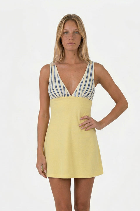 Striped & Yellow Patchwork Deep V-Neck Mini Dress