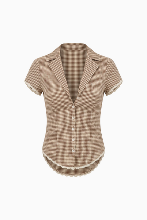 Blue Gingham Short Sleeve Button Top