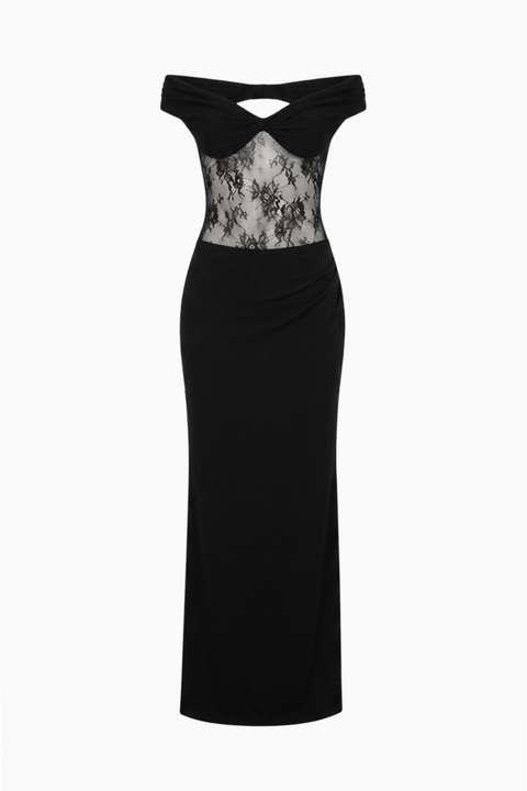 Black Off-Shoulder Lace-Panel Maxi Dress