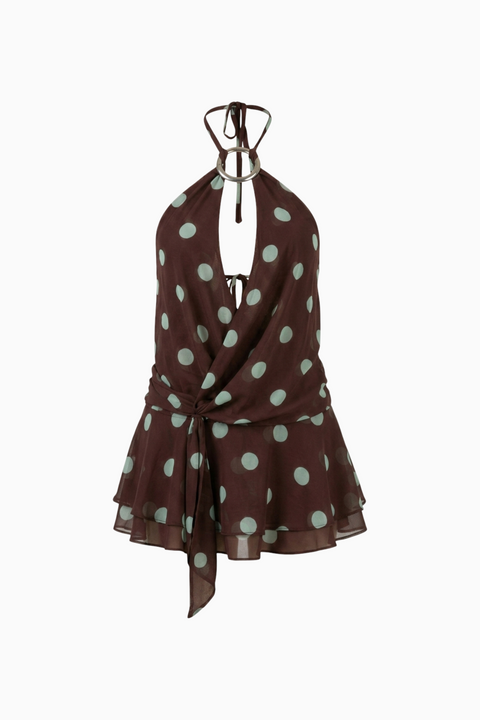Chocolate Polka Dot Halter Mini Dress